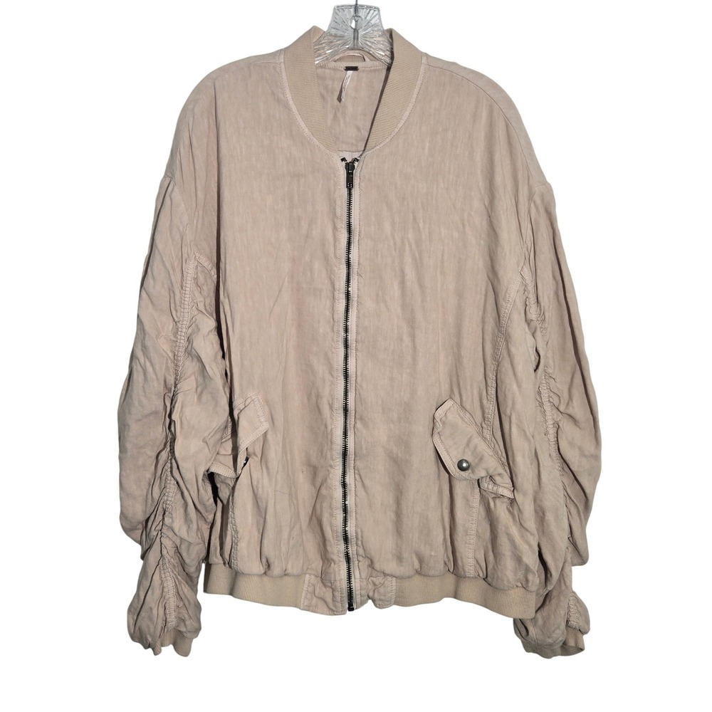 Free People Large Womens Linen Blend‎ Ruched Bomber Jacket Blush Pink OB615916